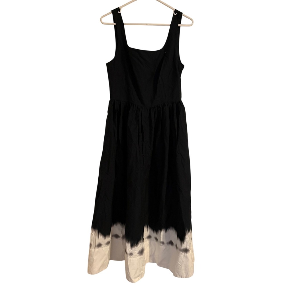 Halogen Midi Dress Womens 6 Black White Excellent Cotton Smocked Ombre Dip Dye